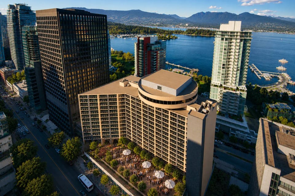 Aerial view of Pinnacle Hotel Harbourfront in Downtown Vancouver