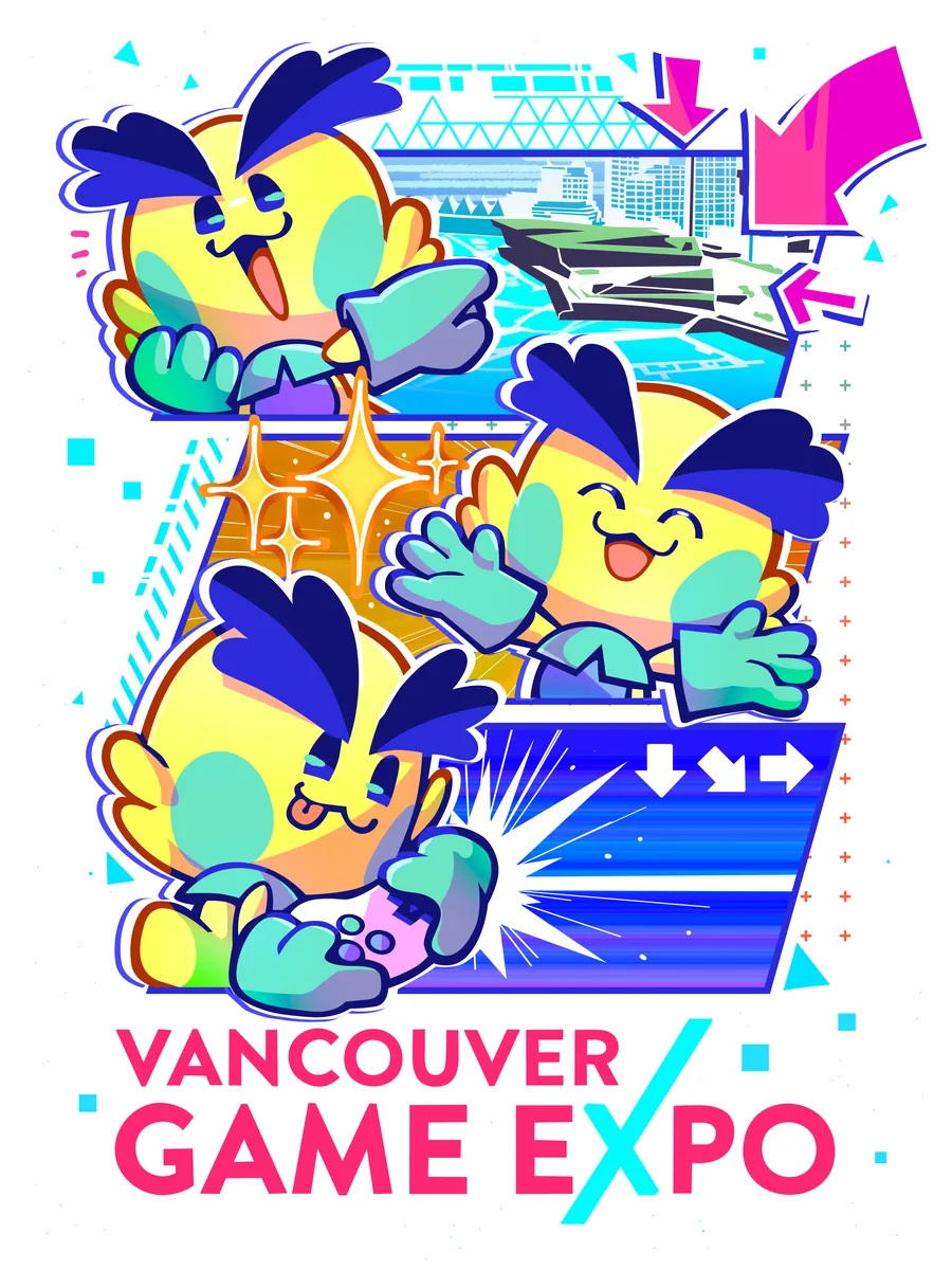 Vancouver Game Expo 2026 poster: Dash the mascot in three poses over the Vancouver skyline